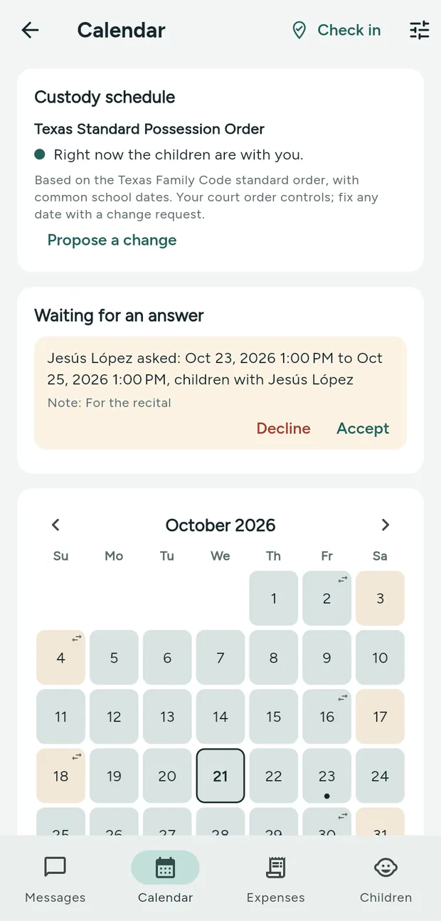 Kindline shared custody calendar