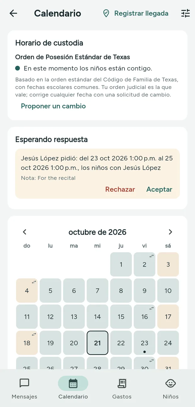 Calendario de custodia compartido de Kindline
