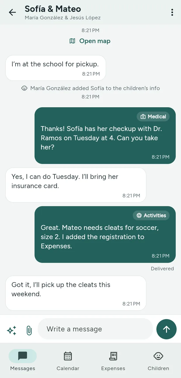 Kindline messages between two co-parents, organized by topic