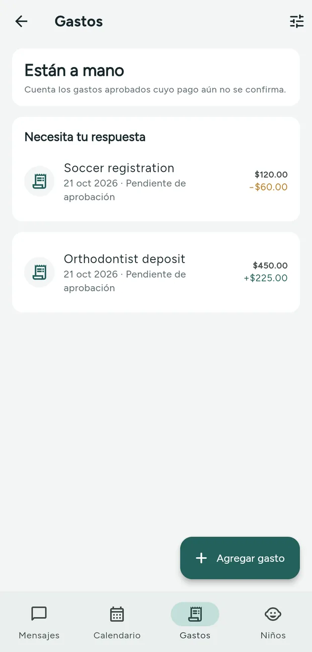 Gastos: Partes, recibos, saldo